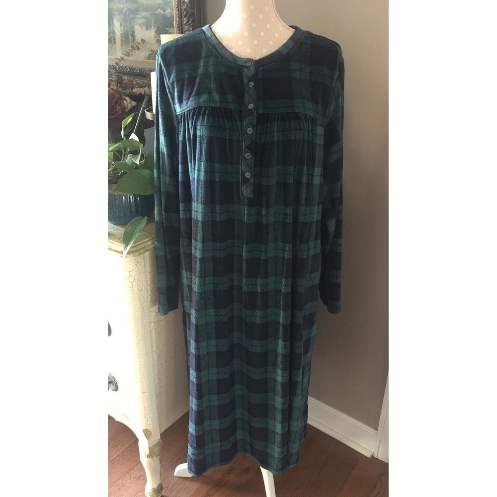 Aria Collection Long Sleeve Nightgown Velour Blue Green Plaid Soft EUC Women XL